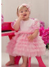 Short Sleeves Pink Satin Tulle Tiered Flower Girl Dress